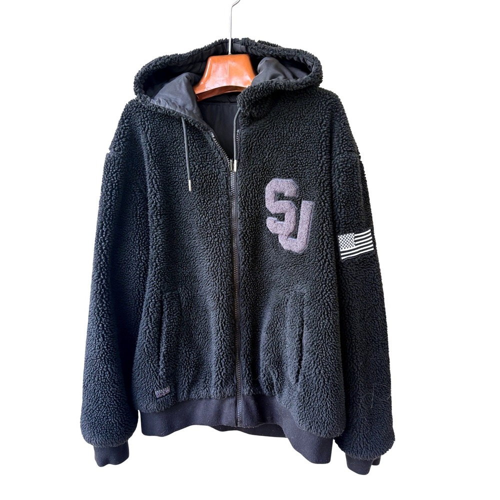 Sean John SJ Sherpa Zip Hoodie Mens Black Fleece Teddy Jacket US Flag Patch L XL